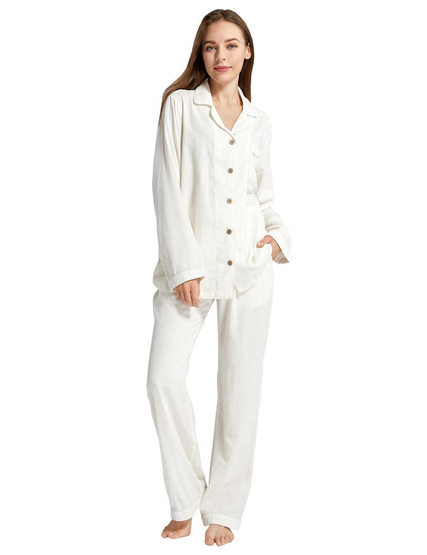 Womens Muslin Pajama Set 100% Cotton Double Gauze Linen Like | Breathable Soft Comfort Button Up Loungewear Sleepwear PJ Set Size M