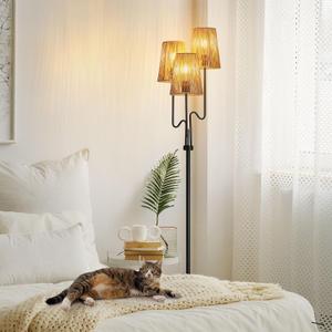 Boho Floor Lamp, 68 in. Rattan Floor Lamp with Rattan Shade, 3-Light Tree Standing Lamp for Bedroom, Nursery, E26 Socket, Living Room Floor Lamp for Rustic, Coastal, Beach, or Bohemian Decor (Black)