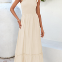 ZESICA Women's 2025 Summer Boho Spaghetti Strap Square Neck Solid Color Ruffle A Line Beach Long Maxi Dress size L, Apricot
