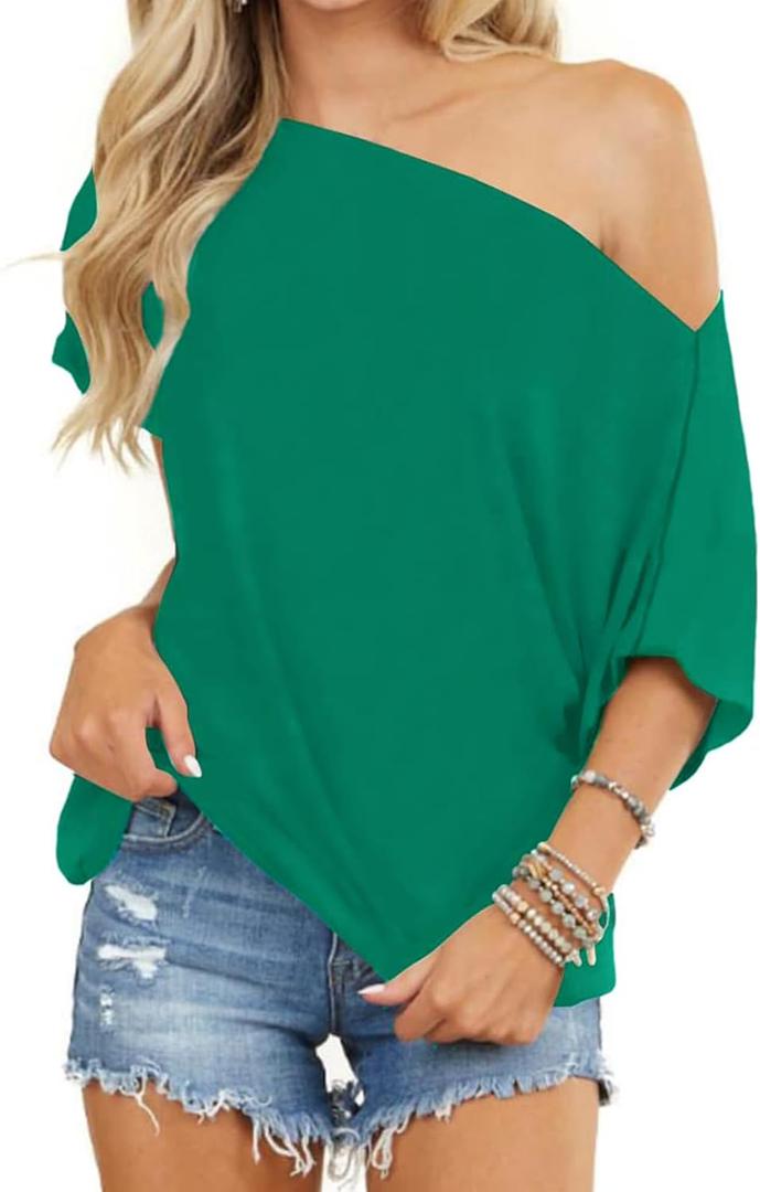 Eniloyal Off The Shoulder Tops for Women Short Sleeve Trendy T Shirts Loose Batwing Summer Going Out Oversized Blouse Tunic (Medium, Green)