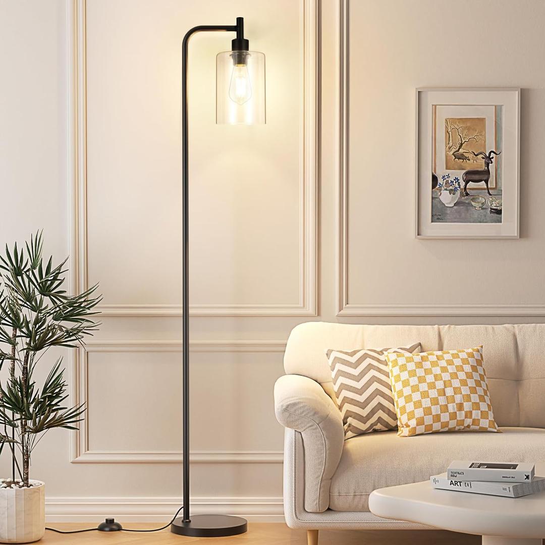 Industrial Floor Lamp with Glass Shade - Black, LED Bulbs, Foot Pedal Switch, Easy Assembly (Clear-Black)
