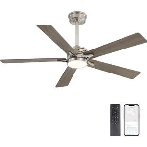WINGBO 52" Smart Ceiling Fan with Lights, 5 Plywood Blades, 6 Speeds Reversible DC Motor, Works with Alexa and Google Assistant, 3CCT Dimmable LED Ceiling Fan for Bedroom Living Room, Nickel and Grey