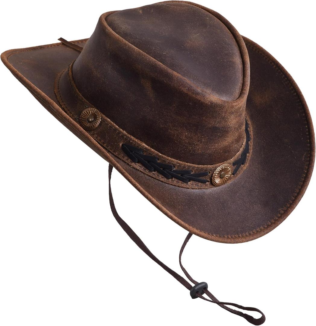 Sidewinder Shapeable Outback hat Western Style Leather Cowboy hat for Men and Women Wide Brim Vintage Old Style (Brown, S)
