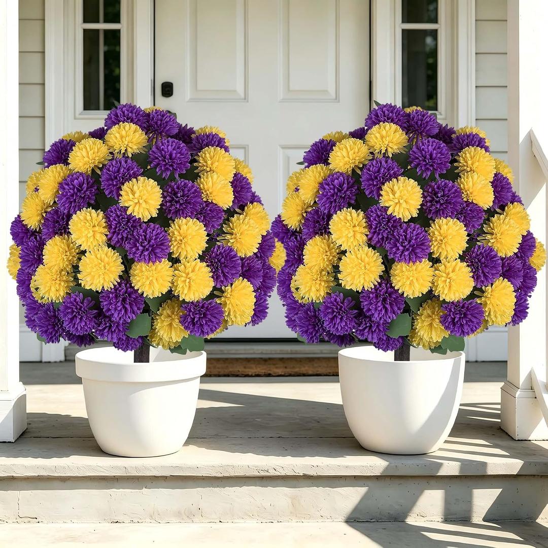 Fuax Mum with Ground Spike: 2 Packs, Yellow Purple Flower for Porch