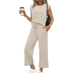 SAMPEEL Two Piece Sets for Women Casual Travel Vacation Outfits Summer Wide Leg Crop Pants Lounge Sets (Small, Beige)