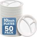 Vallo Compostable Plates with 3-Compartments - Eco Friendly Disposable Paper Plates made from Sugarcane Bagasse Fibers (10 Inch, 50 Count)