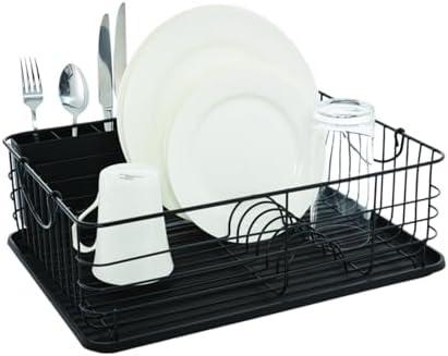 Farberware Sink Series Dish Rack with Metal Handles (16.9" x 14.5") - Rust-Resistant & Satin Frame with Plastic Drainboard, Space-Saving Compact Dish Drying Rack for Modern Kitchens (Matte Black)