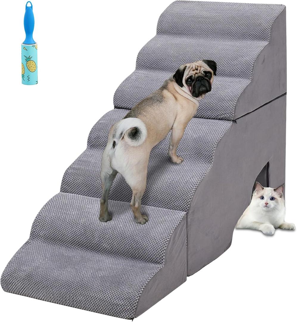 Dog Stair for High Beds 32 inches Tall, 33D Foam Dog Ramp for Bed 32 inches, 7-Step Pet Stair Steps for Small Large Dogs for Bedsides Climbing, Non-Slip Doggie Steps for Older Dogs/Cats, Grey