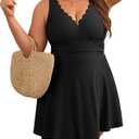 Charmo Women Plus Size Swimdress One Piece Swimsuit Ruched Tummy Control Bathing Suit Scalloped V Neck Flowy Swimwear (Black, XXL)