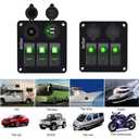 2 x Green 3 Gang Waterproof Boat Switch Panel with 3.1A USB and 12V Cigarette Lighter Socket Marine Switch Panel for Boats, Trucks, RVs