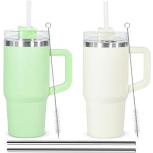 14 Oz Tumbler with Handle and Straw for Kids, 2Pack Insulated Cup for Kids, Travel Coffee Mugs for School Outdoor Travel, White&Green