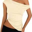 PRETTYGARDEN Womens Off The Shoulder Y2K Tops 2026 Summer Sleeveless Asymmetrical Ruched Going Out Tank Top Fashion Clothing (S)