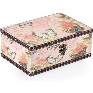 Butterfly Treasure Chest Box, Wooden + PU Leather Storage Decorative Box for Jewelry Trinkets Photos, Rectangular Keepsakes Box for Girls Women Gifts