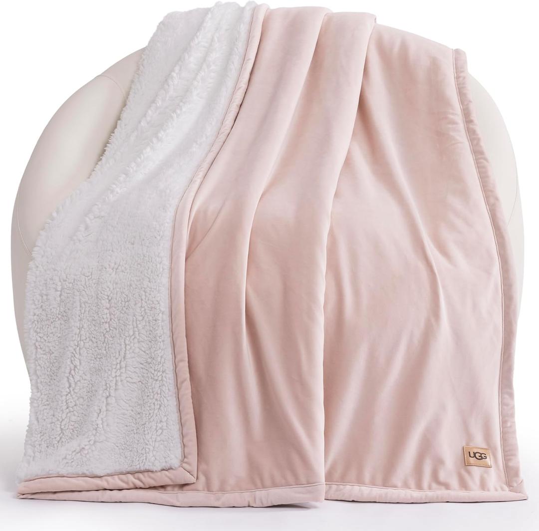 UGG Bliss Throw Blanket Plush Soft Fleece Fluffy Blankets for Bed or Couch Oversized Warm Reversible Machine Washable Medium Weight Home Decor Giftable Throw, 50-inch x 70-inch, Quartz Pink
