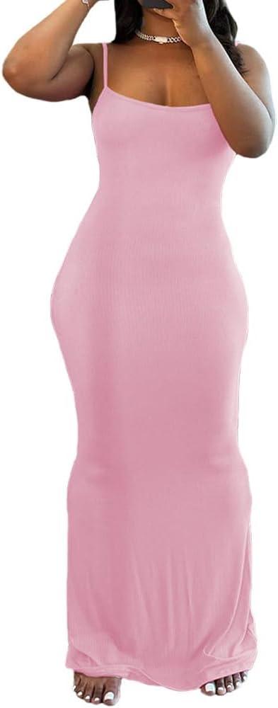PINSV Women Summer Long Dress Casual Slip Sexy Sleeveless Bodycon Maxi Dresses for Women (Pink, S)