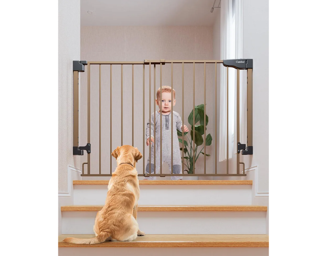Cumbor 29.2-43" No Bottom Bar Baby Gate for Stairs, 2-in-1 Auto Close Dog Gate Indoor, Hardware Mounted Pet Gate for Doorways with Large Walk Thru Door, Child-Proof Safety Gate for Kids (Brown)