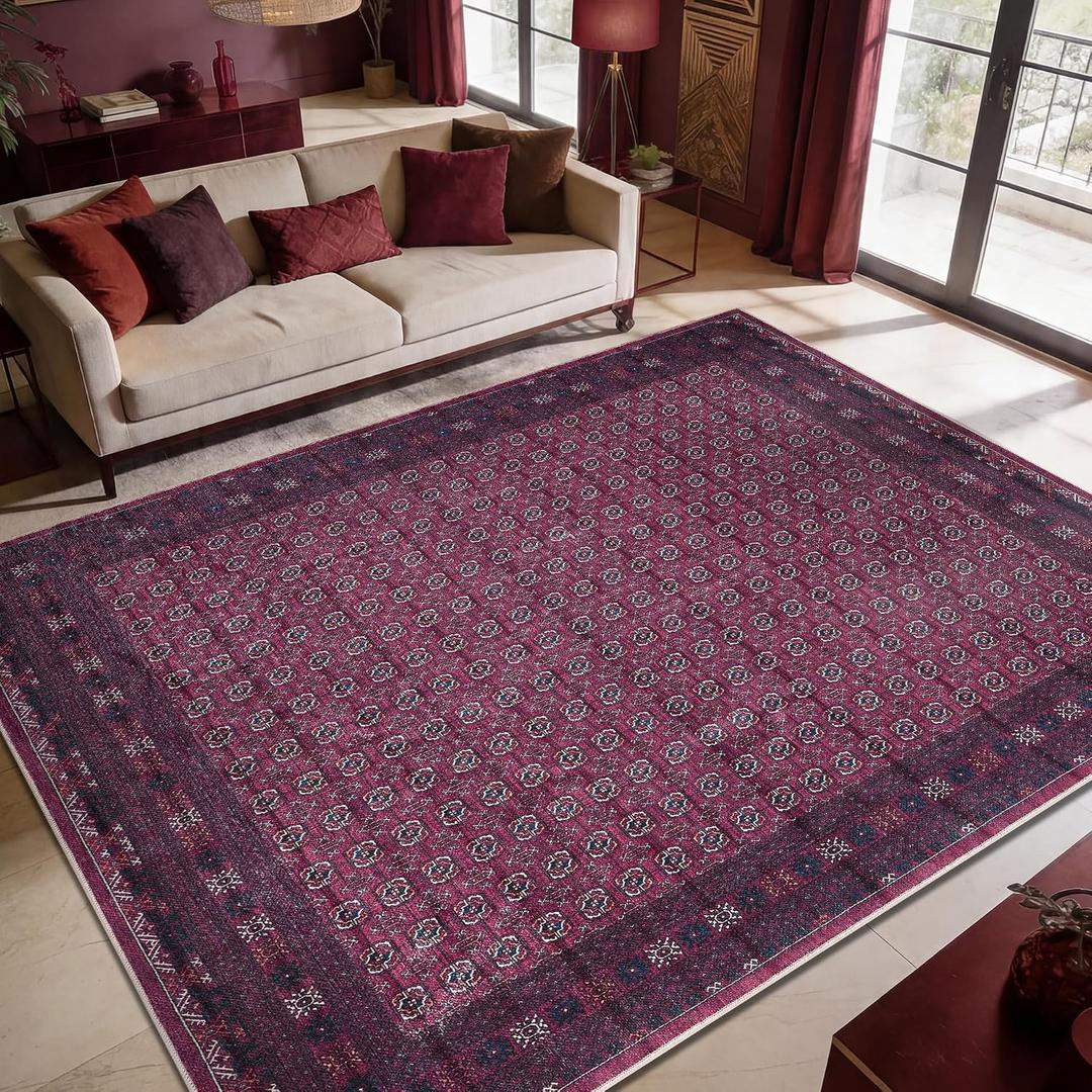 Keen Home Design Vintage Washable Area Rug, Non-Slip Low Pile, 6x9,Burgundy / Navy Blue