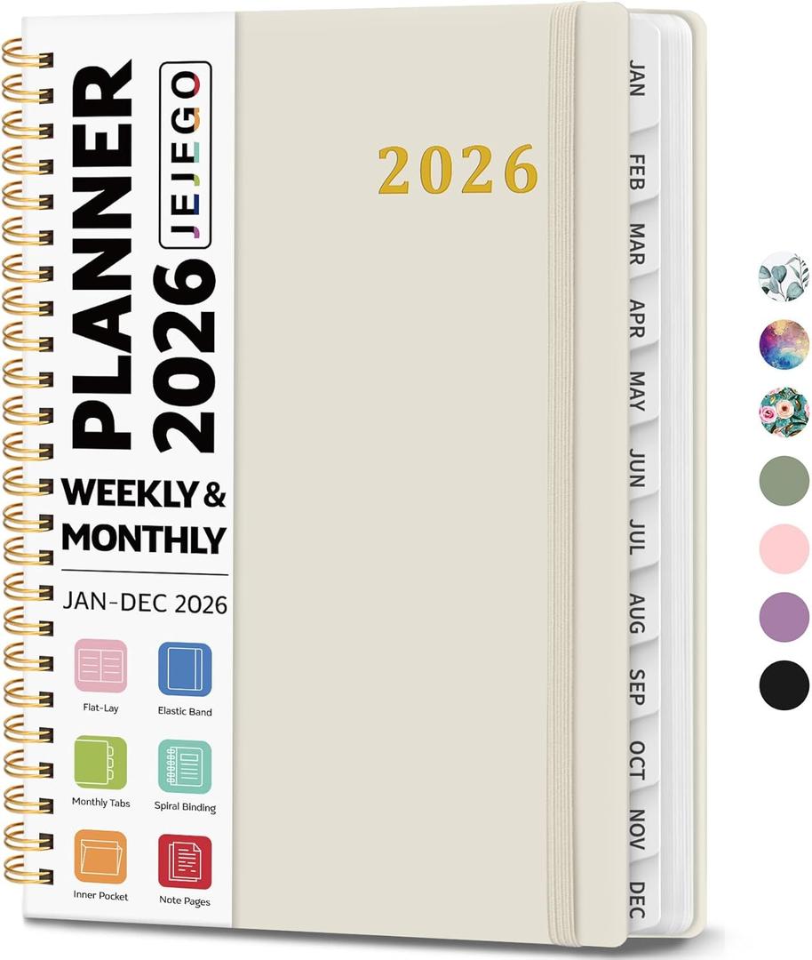 2026 Planner, Weekly and Monthly Calendar Planner Book, January 2026 - December 2026, Hardcover Spiral Planner with Monthly Tabs, Notes Pages, Perfect for Women & Men, A5 (6.4" x 8.5") - Beige