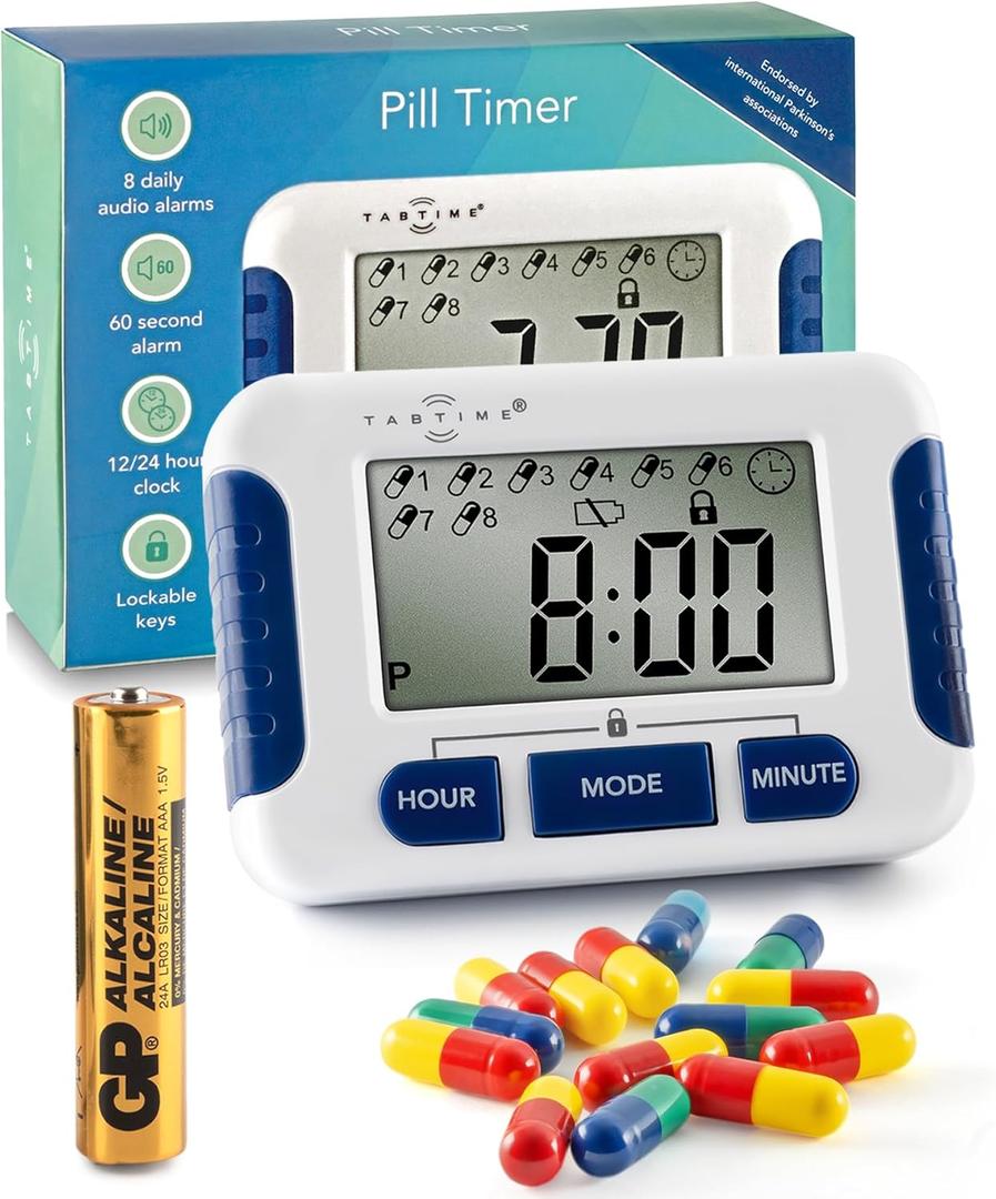TabTime Pill Reminder with 8 Alarms per Day, Pill Tracker, Pill Timer, Medication Reminder Devices, Medication Tracker, Essential Parkinson's Patient Gadget