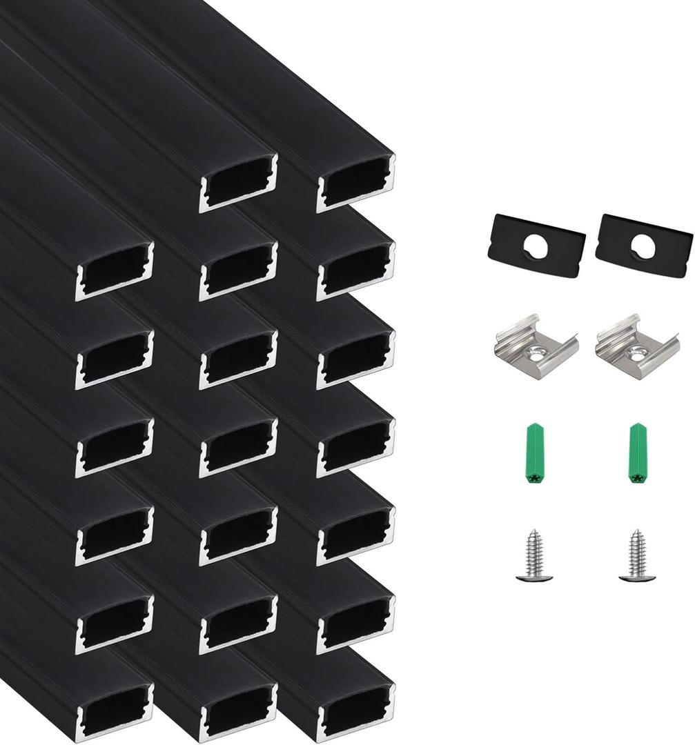 20-Pack 3.3ft U-Shape Black LED Aluminum Channel with Black Track Cover, 66ft Total Waterproof LED Strip Light Diffuser, Low Profile LED Profile for Under-Cabinet, Wardrobe, Stairs, Fits 12mm Strips