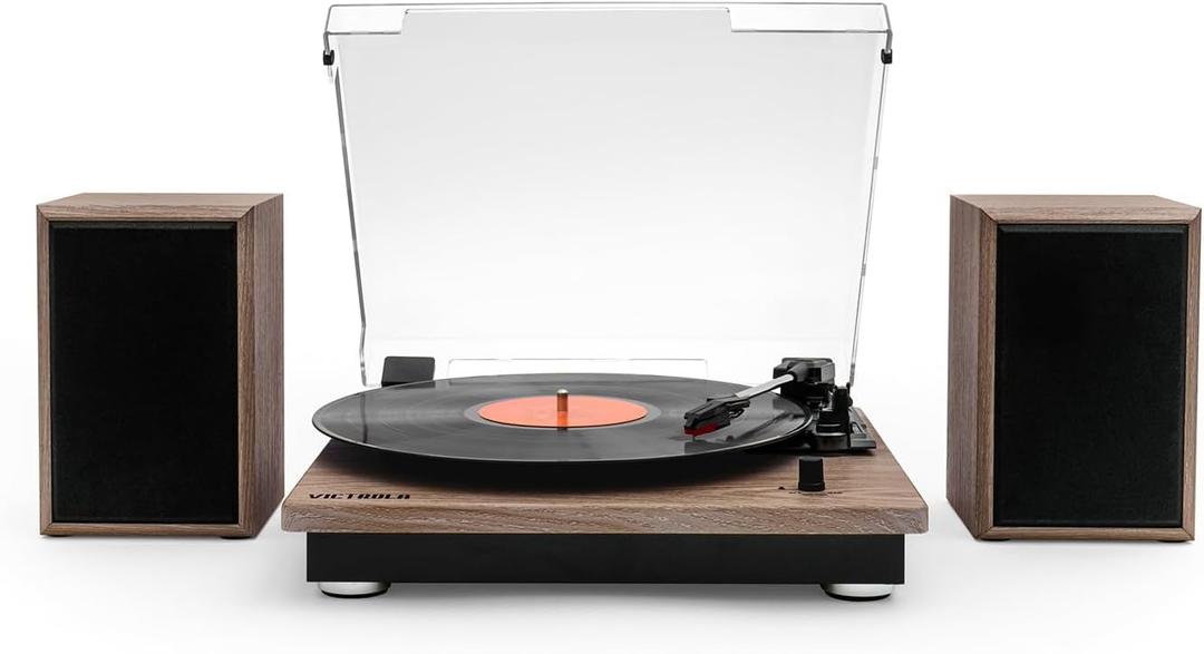 Victrola Montauk Vinyl Record Player, 3-Speed Belt Driven Turntable with Stereo Bluetooth Speaker Pair, RCA Output and 3.5mm Headphone Jack, Removable Dust Cover, Farmhouse Walnut Finish