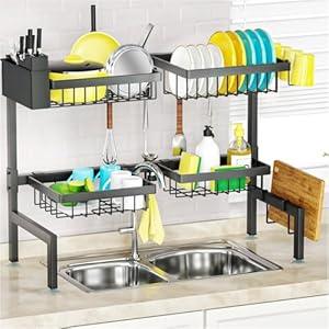 SNSLXH 4 Baskets 2-Tier Over The Sink Dish Drying Rack, 26.57"-35"