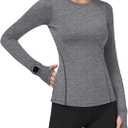 Loovoo Thermal Shirts for Women Long Sleeve Workout Tops Crewneck Fleece Base Layer Running Athletic Tee with Zipper Pocket (Medium, 2-light Grey)