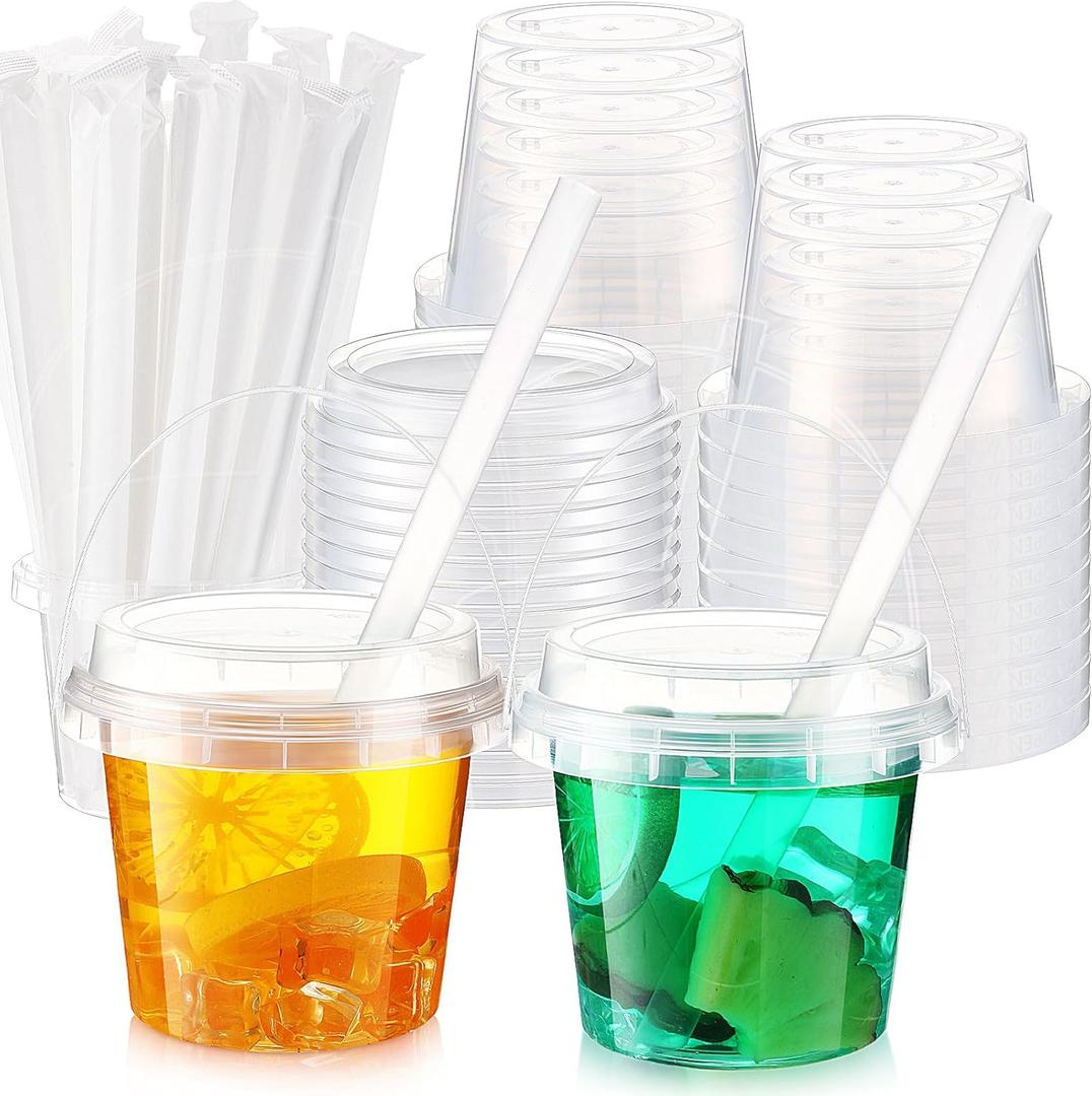 Funnymoom 30 Set 16oz Clear Plastic Drink Buckets with Lids and Straws Disposable Iced Coffee Cups Rum Buckets for Cocktail Parties Smoothie Cup Bulk with Handles for Beach Pool Party Supplies
