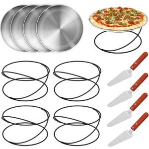12 Pcs Pizza Pan Riser Stands Pizza Spatula Sets Includes 4 Metal Pizza Table Stands 4 Pizza Pan and 4 Wood Handle Pie Server, Pizza Rack Stand Pizza Tray for Oven Pizza Dessert Cheese Baking