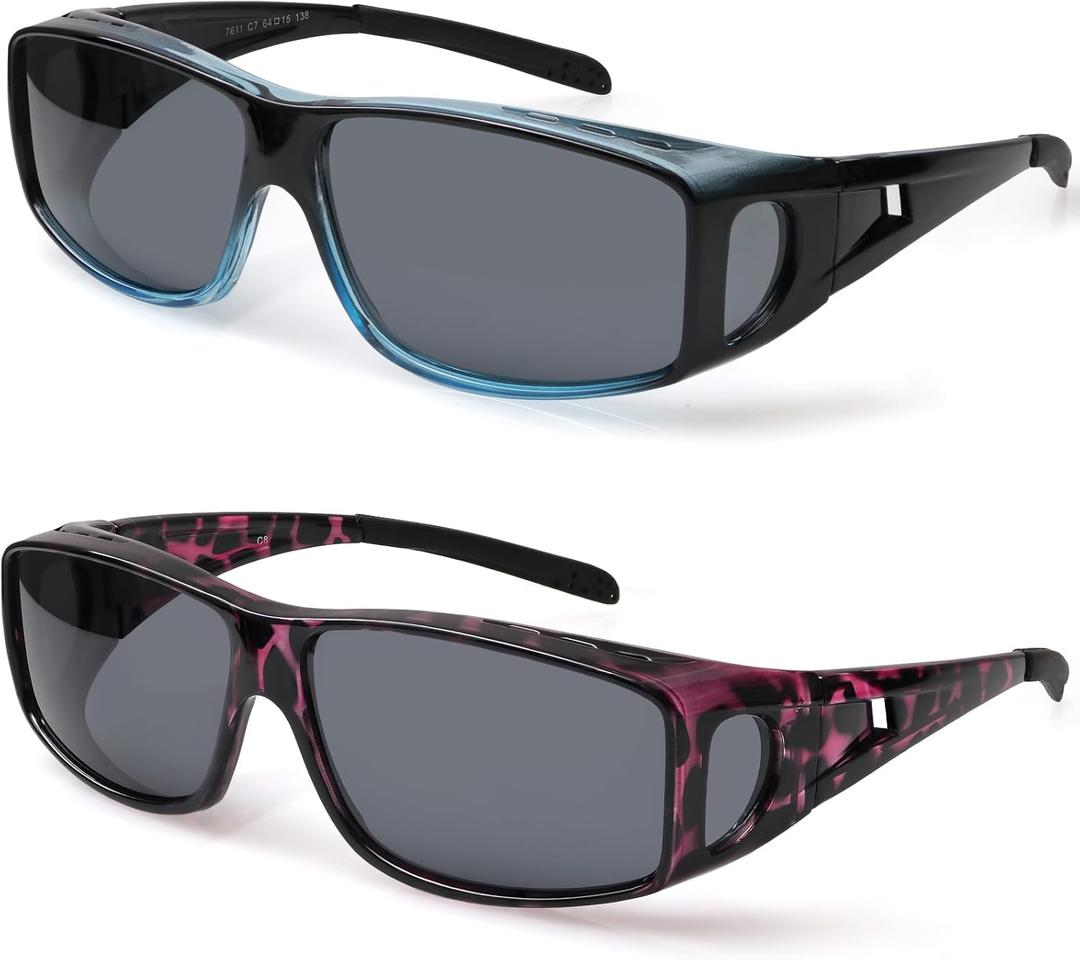 Fit Over Wrap Sunglasses Polarized Lens Wear Over Eyeglasses 100% UV Protection for Men and Women (2 Pack: Black Blue Gradient Frame With Grey Lens and Purple Havana Frame With Grey Lens)