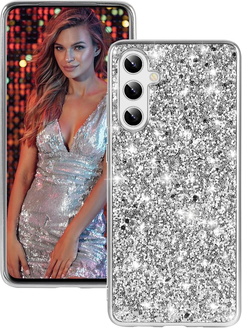 Silicone Case for Samsung Galaxy S24 FE 5G Case Glitter Sparkle Bling, Hybrid Matte Back Case High Impact Heavy Duty Shockproof Protective Cover for Samsung S24 FE Cute Case for Women 6.7" (Silver)