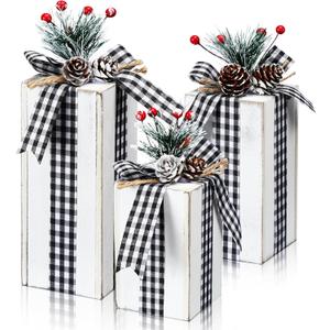Amyhill 3 Pcs Christmas Wooden Gifts Box Decor Christmas Plaid Presents Table Centerpieces Rustic Wooden Gifts Tiered Tray Decor with Buffalo Plaid Bowknot for Xmas Party (White,Fashion)