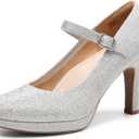 DREAM PAIRS Women's Pumps Close Toe Classic High Heels Round Toe Comfortable Low Platform Mary Jane Dress Shoes, Size 11, Silver-Glitter, SDPU2425W