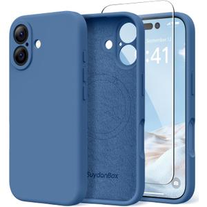 Magnetic for iPhone 16 Case, Compatible with MagSafe, [Screen Protector + Full Camera Protection], Silicone Shockproof Anti-Scratch Protective Phone Case for iPhone 16 6.1", Lake Blue