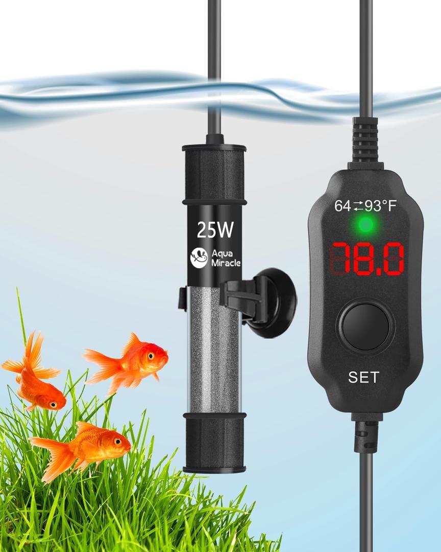 AquaMiracle Aquarium Heater 25W Fish Tank Heater for 35 Gal Tanks, LED Digital Display Thermostat Turtle Heater with OutofWater Auto ShutOff, Overheat Protection & Memory Function