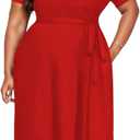 Tycorwd Women's Plus Size Midi Wrap Dresses Summer Short Sleeve Flowy Swing Beach Dress with Belt and Pockets (Red, 4XL)