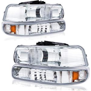 Headlights Assembly for 1999-2002 Chevy Silverado 1500 2500 1500HD 2500HD 3500/2000-2006 Tahoe Suburban 1500 2500 Replacements Headlamp Amber Reflector Chrome Housing