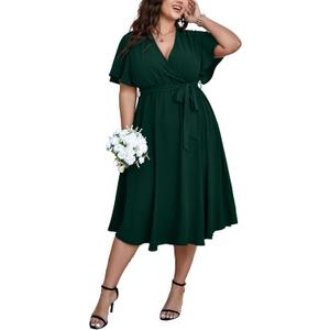 SCOMCHIC Womens Plus Size Wedding Guest Cocktail Midi Dress Summer Short Sleeve Wrap V Neck Belted A-Line Flowy Dress (Green, XXL)