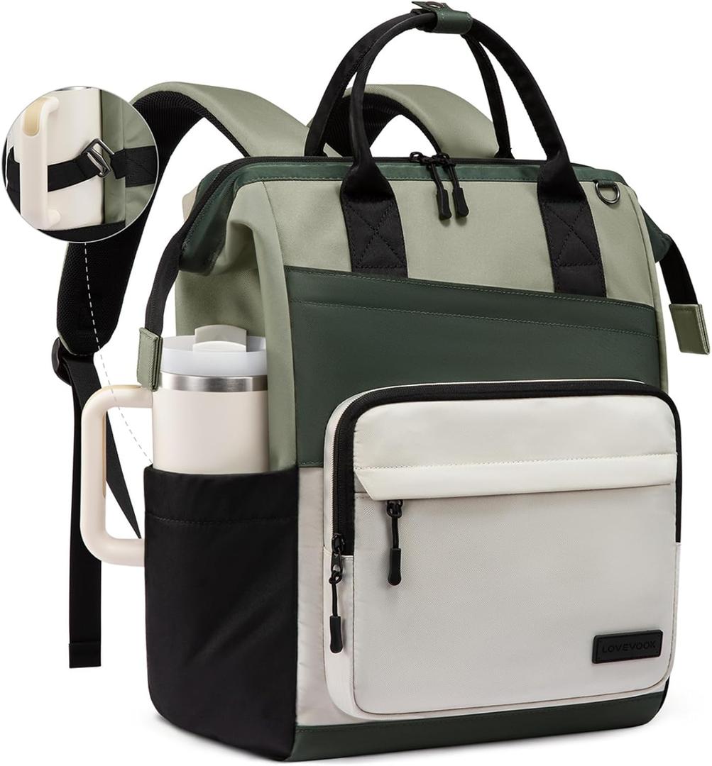 LOVEVOOK Laptop Backpack for Women, 15.6 Inch Travel Backpack for Work College Business, Water Resistant Teacher Nurse Bag with Large Capacity, School Bookbag Bags Cute Daypack for Woman Girls (Olive-beige-black)