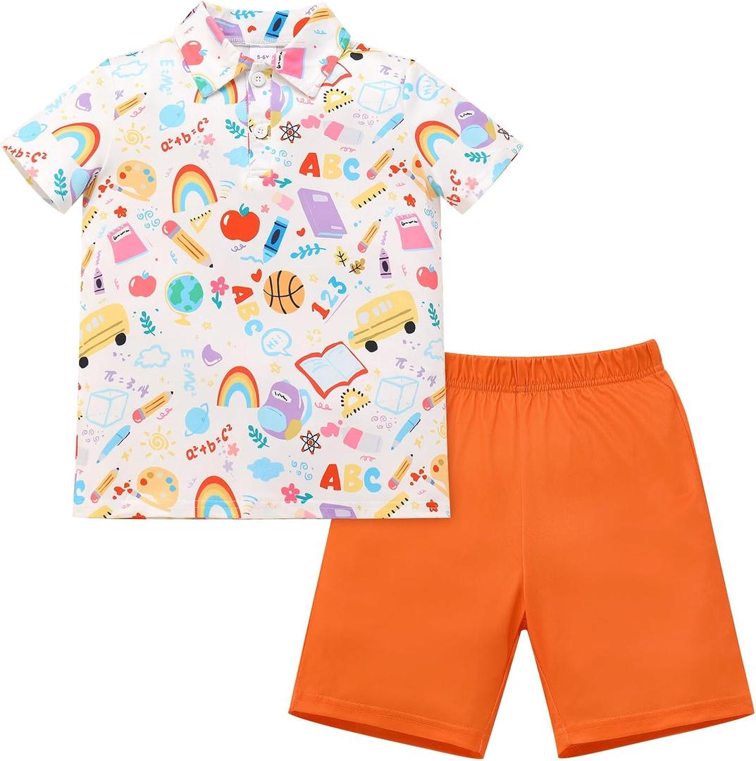 ODASDO Boys Back to School Outfit Pencil Printed Short Sleeve T-shirt Tops and Shorts Set Kids Preschool Kindergarten Clothes (White)