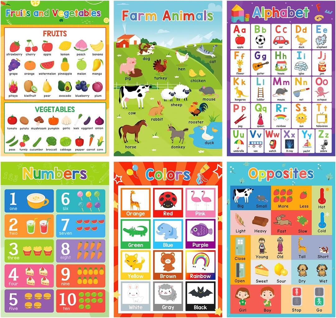 Lilias Alphabet/Numbers/Colors/Fruits and Vegetables/Farm Animals/Opposites 6 Themes/Set Educational Posters for Toddlers Kindergarten Nursery Classroom Supplies Decorations A3 Size 11.34X16.45 Inch
