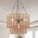 4-Light Rattan Pendant Lights,Boho Light Fixtures,Farmhouse Drum Chandelier with 2-Tier Natural Rattan Shades,Adjustable Ceiling Hanging Lamp for Kitchen Island Bedroom Dining Room,Dia.19.6'', Beige 