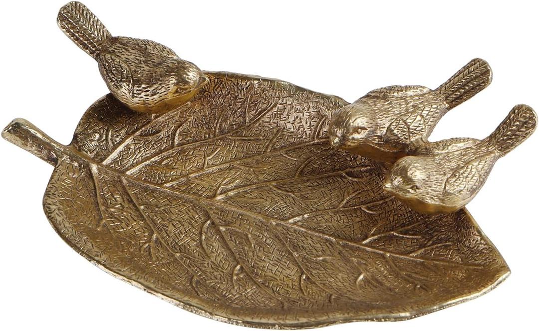 NIKKY HOME Jewelry Dish Tray, Vintage Jewelry Tray, Leaf Shaped Ring Holder Dish with Bird, Metal Trinket Dish Vanity Tray for Dresser Home Decor