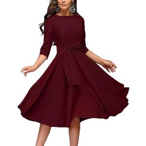 FENJAR Women's Elegance Audrey Hepburn Style Ruched Dress Round Neck 3/4 Sleeve Sleeveless Swing Midi A-line Dresses with Pockets, Calret, Large