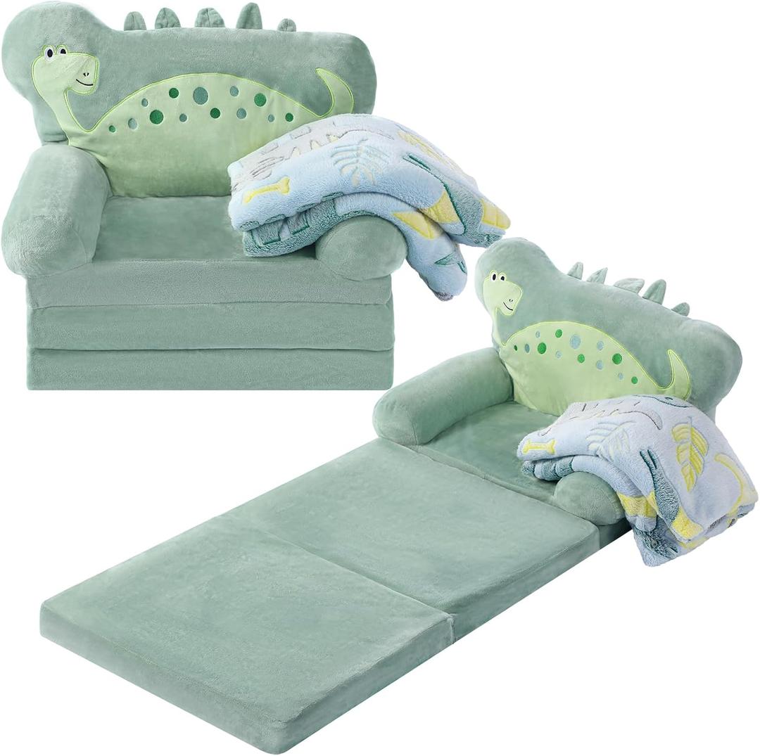 Dinosaur Kids Couch Fold Out 2-in-1 Toddler Sofa Fold Out with Blanket, Soft Toddler Chair Comfy for Boys Girls Baby, Convertible Sofa to Lounger for Napping Reading Playing Christmas, Green