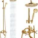 Gotonovo Exposed Shower Faucet Set 8 Inch Rainfall Showerhead 3-Function Shower Fixture with Tub Spout 2 Corss Handles Shower System, Polish Gold