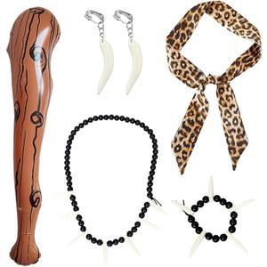 sanderala 5 Pcs Caveman Costumes Accessories Leopard Headband Necklace Tooth Bone Bracelet Earrings for Stone age Halloween Cosplay