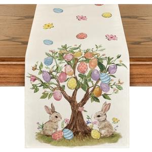 Artoid Mode Bunny Rabbit Eggs Tree 210 GSM Easter Table Runner, Seasonal Spring Floral Kitchen Dining Table Decoration for Home Party Decor 13x120 Inch