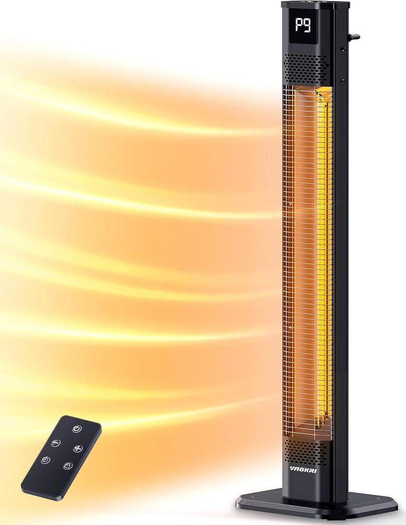 VAGKRI Outdoor Heater, 1s Instant Heating 42in Infrared Patio Heaters, 9 Heat Levels, 24H Timer, IPX5 Waterproof Electric Patio Heaters for Garden, Deck, Restaurant, Garage, Indoor & Outdoor Use