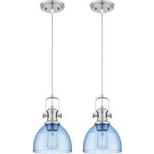 2 Pack Pendant Lights Kitchen Island, 7.5" Farmhouse Pendant Lighting with Blue Seeded Glass Shade, Vintage Hanging Light Fixtures for Dining Room, Brushed Nickel Finish, AD-22151-1P2-SN-BL